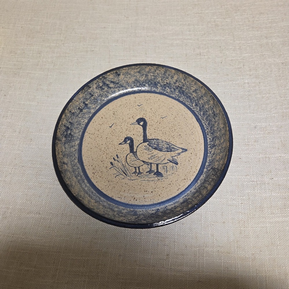 Vtg HESPERUS Studio ArtPottery GEESE Deep Plate BLUE SPONGEWEAR‎ Handmade 9.5"